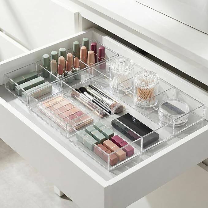 Peohud 2 Pack Acrylic Drawer Organizer Tray, 6/3 Section Clear Makeup Tray Organizer for Drawer, Junk Drawer Storage for Office Desk Supplies and Accessories