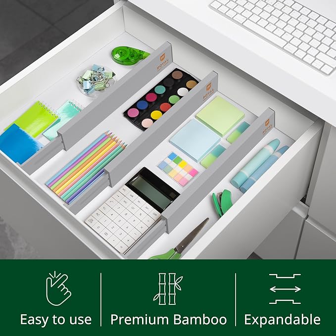 Bamboo Drawer Dividers Organizers, Adjustable Drawer Separator Splitters, Gray