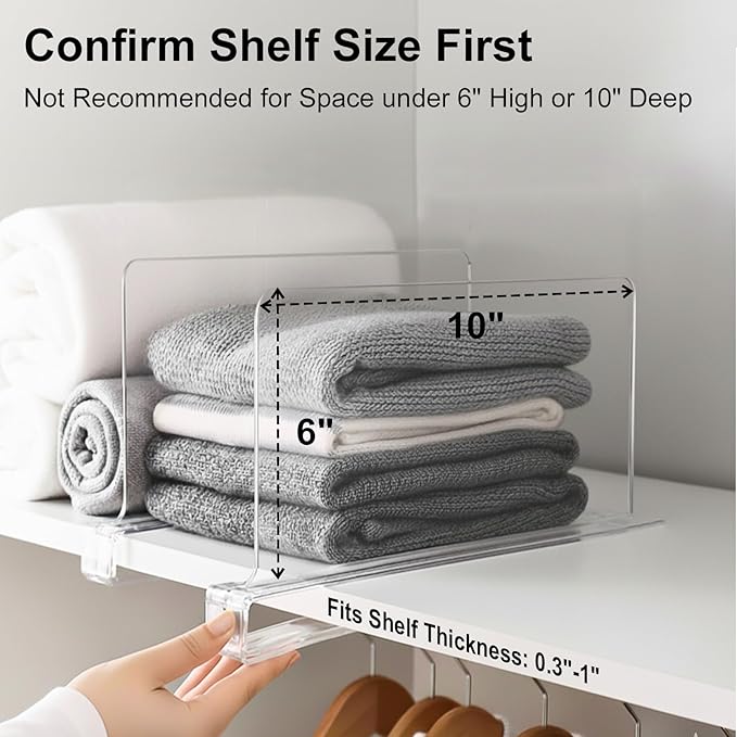 SortNStore Shelf Dividers Purse Organizer for Closet: 6-inch Tall(Shorter Version) Acrylic Handbag Organizer - Small Space Separator for Clutches Evening Bags Pouches Mini-Bags on Wood Shelves 6-Pack