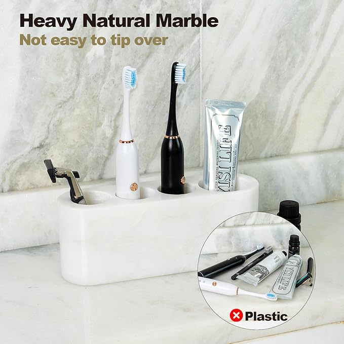 BCS Toothbrush Holder for Bathrooms, 4 Slots Marble Toothbrush and Toothpaste Holder Stand Bathroom Organizer Countertop for Electric Toothbrush, Floss, Razor, Comb - Karibib Ice