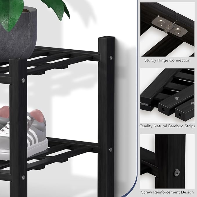 Haddockway Long 2 Tier Bamboo Shoe Rack Storage Organizer, Multifunctional Free Standing Stackable Shoe Shelf with Grid Panel for Closet,Hallway,Entryway,Small Space 34.2"x11"x13"