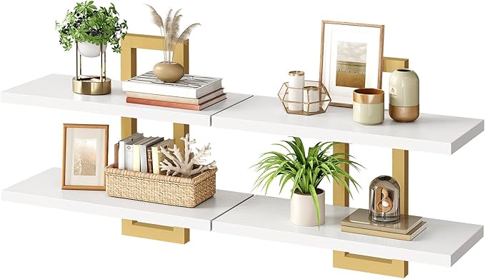 Floating Shelves, 15 Inch Wall Shelf Set of 2, White and Gold DW32BJ01