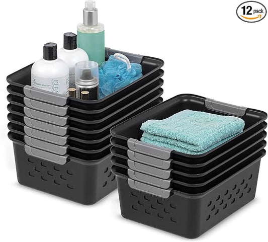 USA Plastic Storage Baskets, 12-Pack, Made in USA, Black