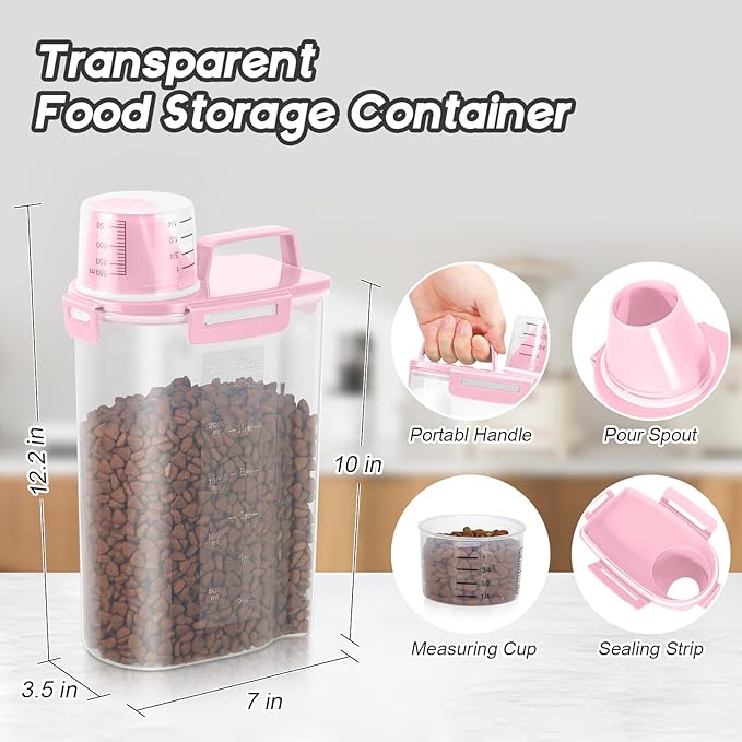 LEAWALK 5Lbs Airtight Cat Dog Food Storage Container with Upgraded Large Nozzle BPA-Free, Pet Food Storage Containers for Rice, Grain, Pet Food, Flour, Dog Treat Storage (Light Pink, (3L+5L)-2pack)