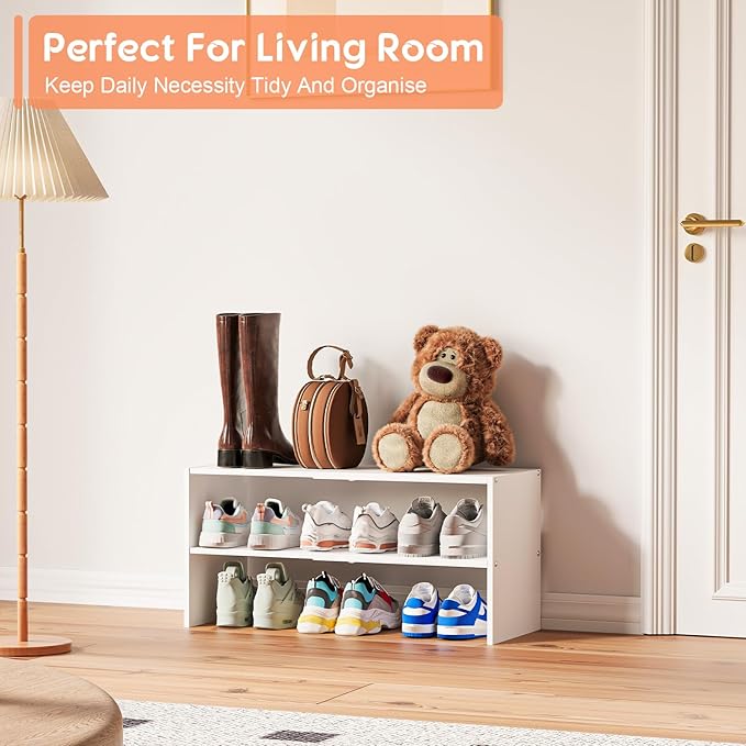 2-Tier Expandable White Shoe Rack Organizer for Closet