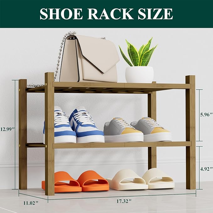Small Bamboo Shoe Rack, 2 Tier Free Standing Wooden Shoe Organizer, Walnut
