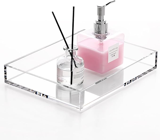 DINGHUO Acrylic Perfume Bathroom Vanity Counter Tray, Clear 9.45"x7.09"x1.38" Rectangle Countertop Organizer for Jewelry Candles Soap Makeup Toilet Tank Kitchen - 1 Pack