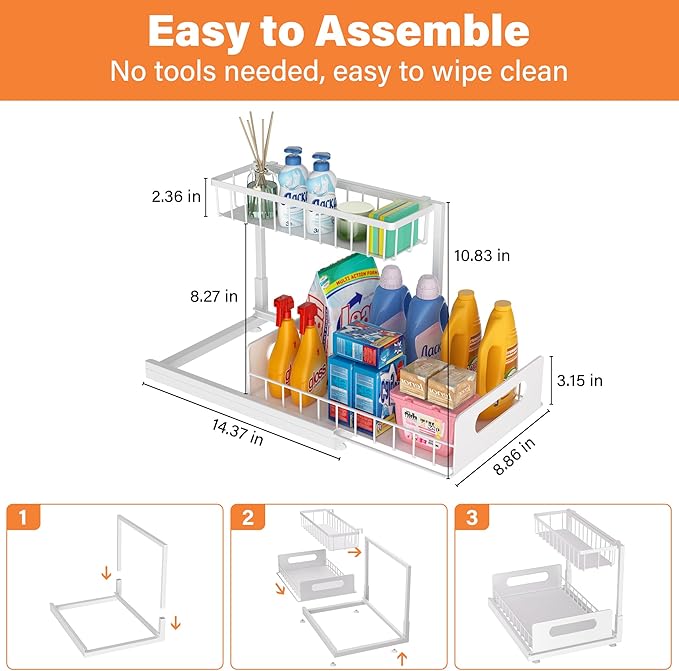 Under Sink Organizer 2 Tier, Pull Out Drawer Slides Under Sink Storage for Bathroom Kitchen,Multi-Purpose Drawer Under Cabinet Organizer for Cleaning Supplies (White, 2 Pack)
