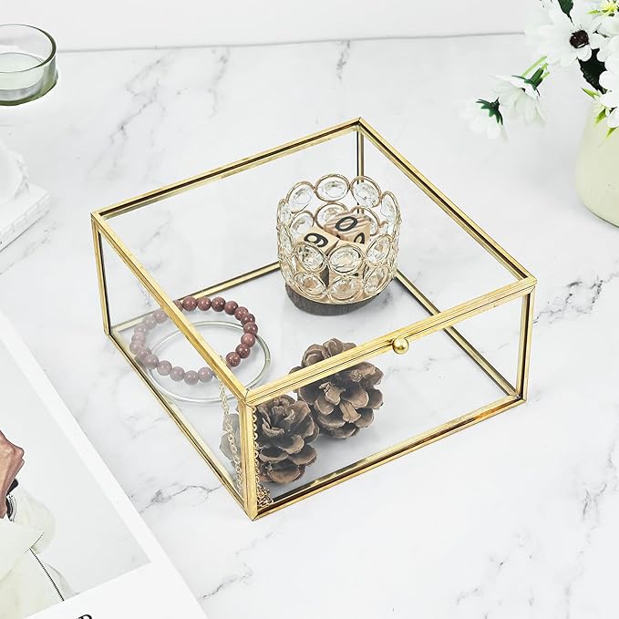 HighFree Vintage Glass Box with Lid - Clear Jewelry Glass Display Box Keepsake Box - Home Decor Decorative Box for Trinket Rings Bracelet (Gold, Small)