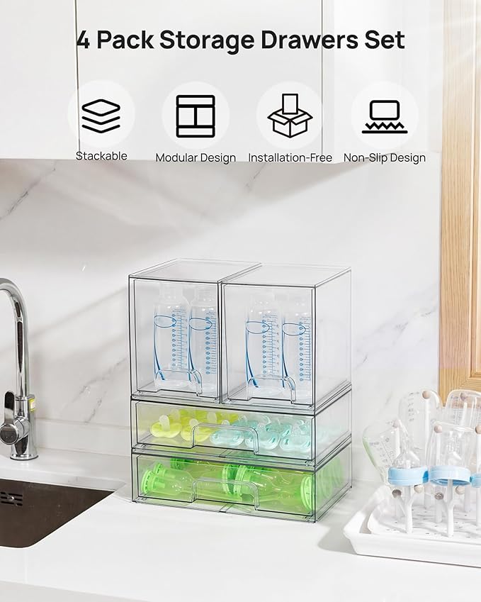 Clear Stackable Storage Drawers Set of 4, Plastic Organizer Bins for Makeup