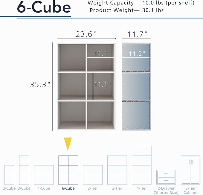 Homes: Inside + Out Apexa 6-Cube Storage Organizer Shelves, Stackable Wood Bookcase Fits Cubby Bins for Organization, Dorm Teen Room Decor & Home Office, Taupe Grey