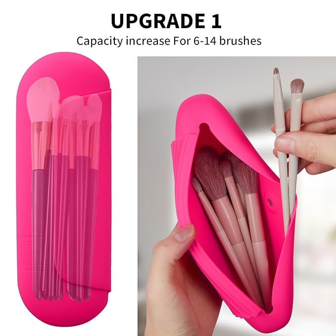 AGIKET Silicone Makeup Brush Holder Travel Cosmetic Bag：Soft Portable Cosmetic Face Brushes Holder with Upgrade Anti-Fall Out Magnetic Closure, Large Travel Makeup Brush Case - Babbie Pink