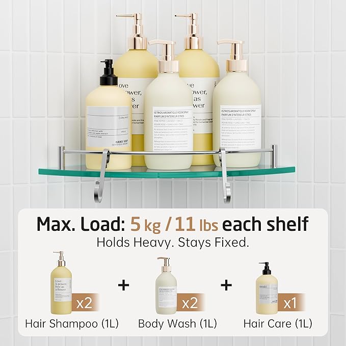 KES Glass Corner Shelf with Hooks 18/8 Stainless Steel, Tempered Glass Bathroom Corner Shelf with Rail, Shower Glass Shelf 2 Pack Wall Mounted, Polished Finish, BGS2101A-P2