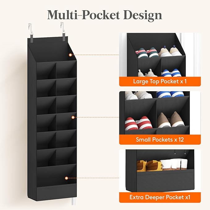 8 Tier Over the Door Shoe Organizer with 15 Large Deep Pockets, Black