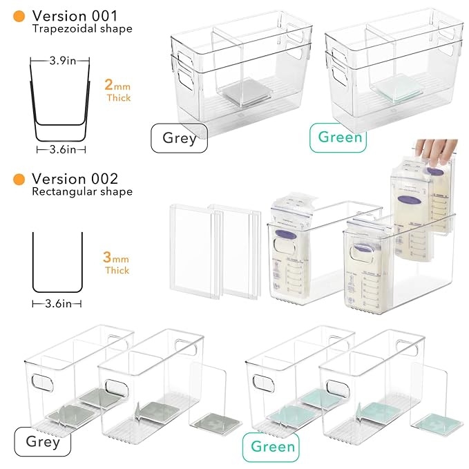 Breastmilk Storage Container with L Shaped Dividers to Flatten Standing Breast Milk Bags in Organizer Bins Save Refrigerator Space | 2 Containers with Removable Separator Boards - Green