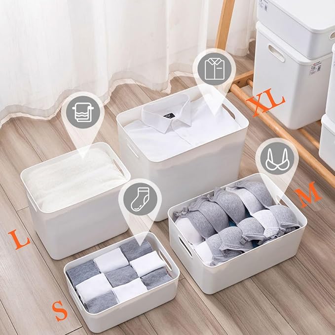 4 pack large plastic White storage bins with Lids, Toy Box Chest with Handle，Organizer Containers Baskets for Baby,Nursery，Shelves，Playroom, Bedroom，Office,Closet，home (White, 4M)