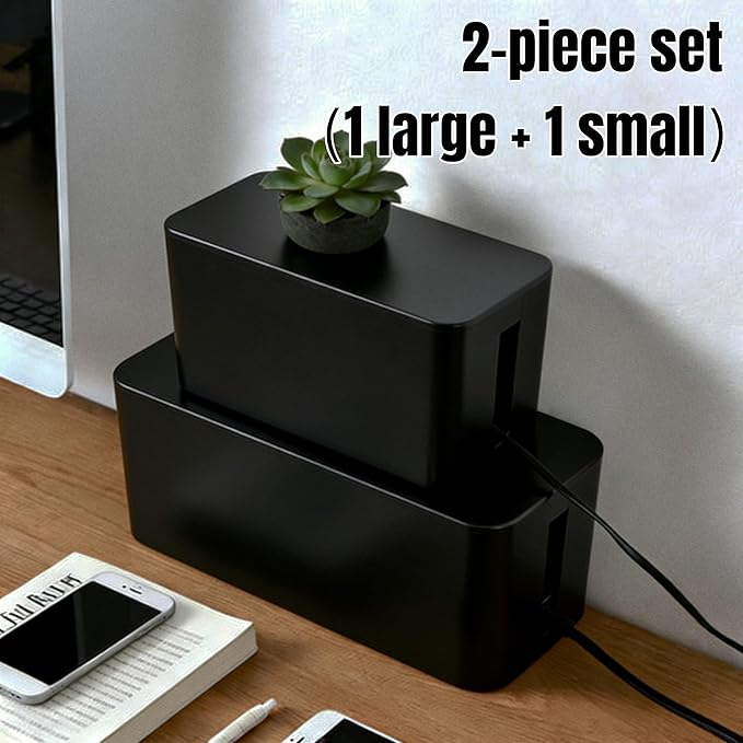 1Large+1Small Cable Organizer Set with 4 Silicone Cable Ties, 2-Piece Cable Management Box, Acrylic Lid Cord Organizer for Home Office,Set of Two Cable Box,Cable Organizer Box(Acryliclid lid/Black)