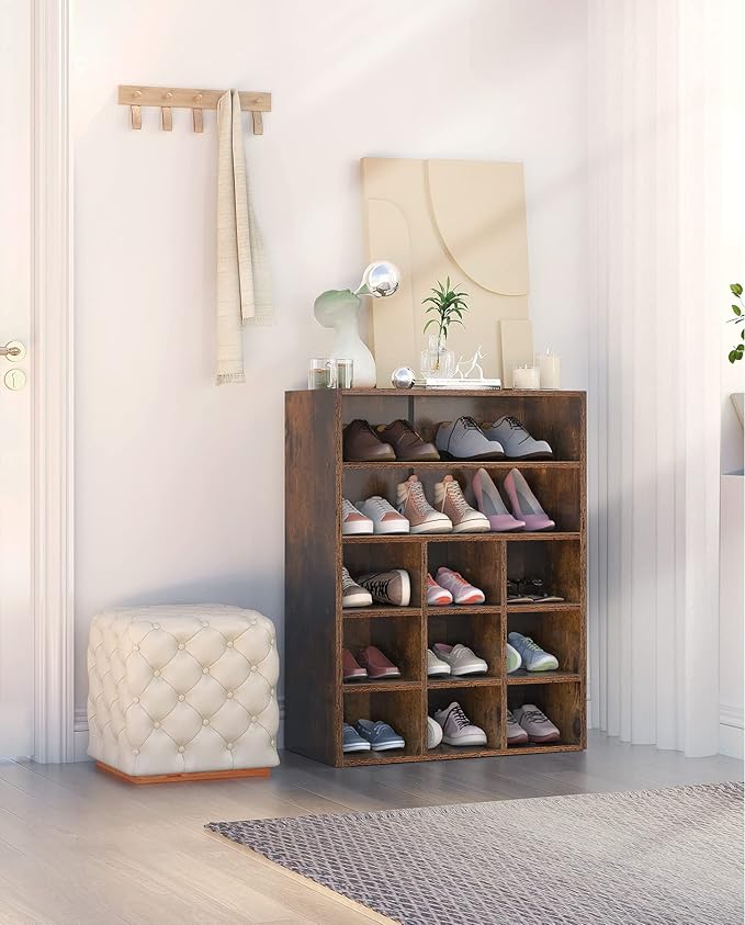 HAIOOU Shoe Rack, 9-Cube Stackable Wood Shoe Cubby Organizer 5-Tier Freestanding Wooden Shoe Stand with 2 Storage Shelf for 10-15 Pairs, Ideal for Apartment, Entryway, Closet Organization - Rustic