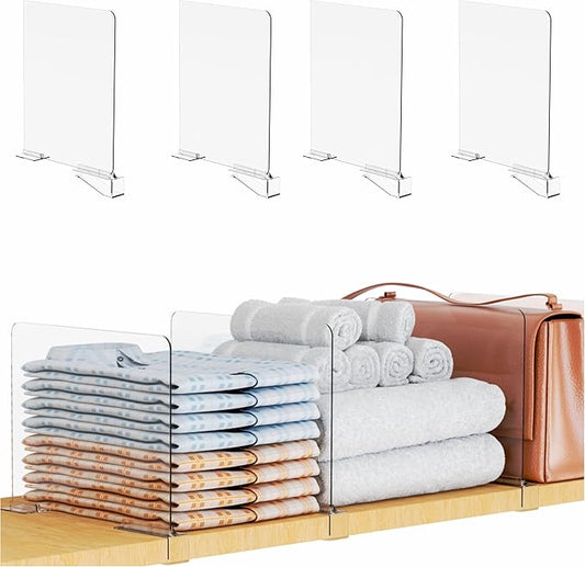 Yieach Adjustable Height Clear Shelf Dividers,4 Pack Acrylic Closet Shelf Dividers for Organization,11.1 Inch Tall Vertical Plastic Shelf Separators for Towel,Sweater,Towel Organizers and Bookshelf
