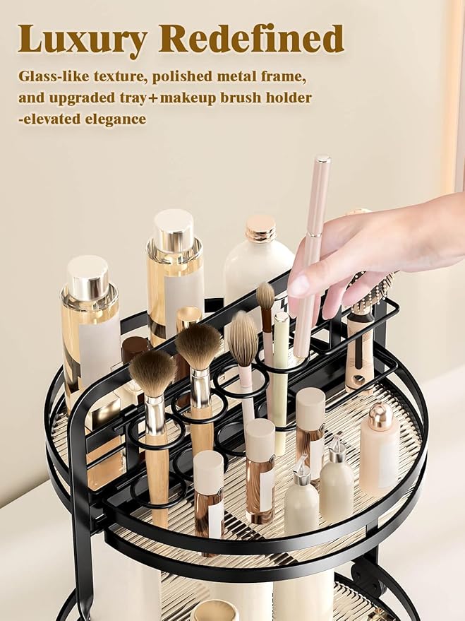 Rotating Makeup Vanity Organizer, 360 Spinning Perfume Organizer for Dresser, 2-Tier Black Bathroom Countertop Organizer, Lazy Susan Skincare Storage, Cosmetic Display with Makeup Brush Holder