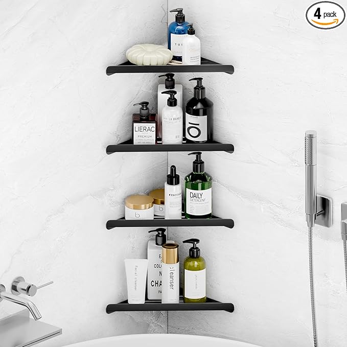 Fikoksol Shower Caddy, 4 Pack Bathroom Corner Shelf, Triangle Shelf Storage for Bathroom Shower, Black Metal Shower Shelf & Rustproof Wall Mounted Adheisve Shower Organizer Accessories and Essentials