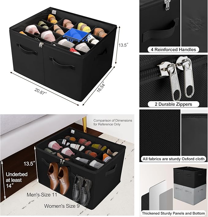 TOPIA HOME Shoe Organizer for Closet 2 Pack, Foldable Shoe Box with Adjustable Dividers and Clear Cover, Space Saving Shoe Storage Organizer Cabinet with Reinforced Handles, Fits 32 Pairs, Black TP12B