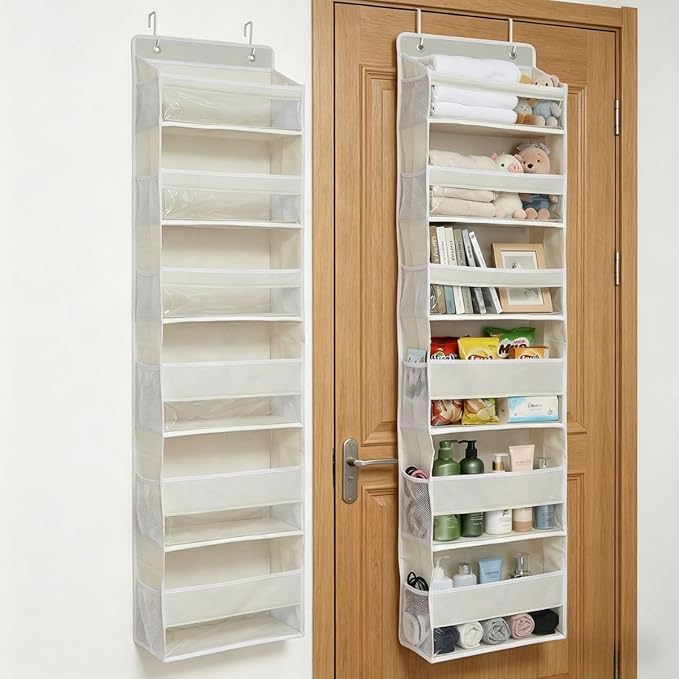 Over The Door Hanging Organizer, 6 Tier Closet Organizers and Storage with Mesh Side Pockets, Clear Window Door Shoe Organizer for Bathroom, Bedroom, Dorm, Yarn, Towel, and Accessory Storage