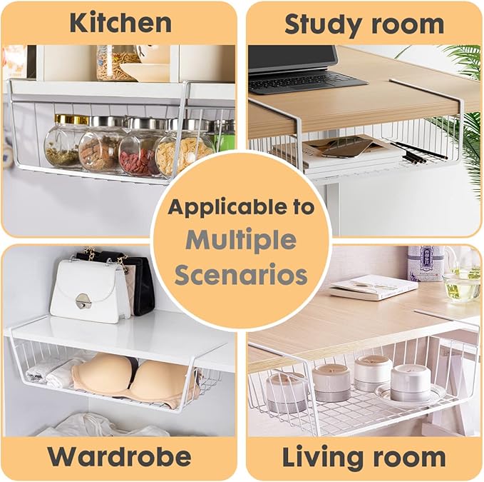 Under Shelf Basket Storage, Steel Under Shelf Hanging Wire Baskets Shelves for Laundry Room Kitchen Desk Pantry Bookshelf (White, 4 Pack)
