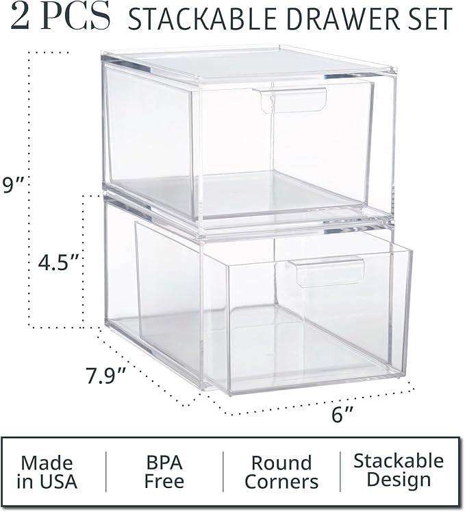 STORi Audrey Stackable Clear Bin Plastic Organizer Drawers | 2 Piece Set | Organize Cosmetics and Beauty Supplies on a Vanity | Made in USA