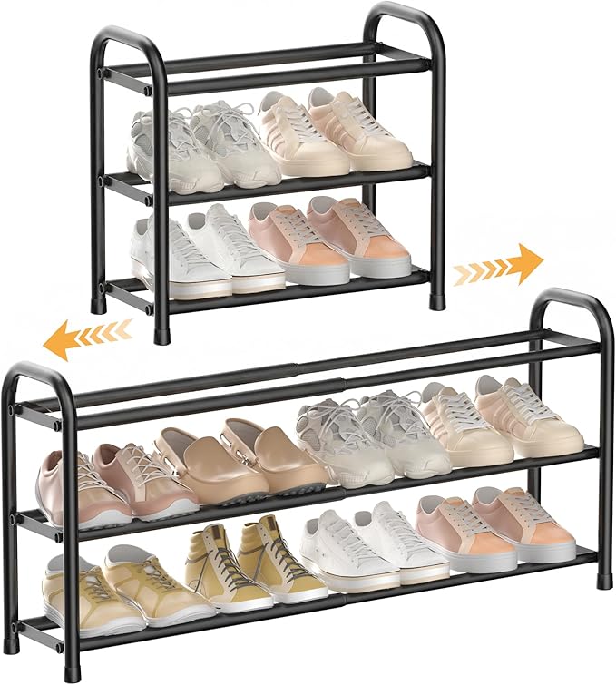 ENJOYBASICS 3 Tier Expandable Shoe Rack for Closet, Free Standing Metal Shoe Shelf Storage Organizer Holder 12 Pairs, Adjustable Width Shoe Rack for Entryway Small Space, Black | Adjustable