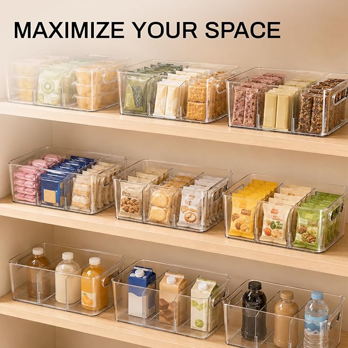 Mpotmiy 10 Pack Pantry Organizers and Storage,Clear Plastic Containers with 2 Dividers for Kitchen,Fridge Organization and Storage,Acrylic Bins for Pounches,Spice Packet,Snack organzier