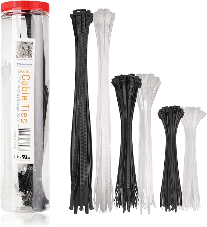 Cable Matters 200-Pack Cable Ties for Indoor and Outdoor, 6, 8, 12-Inch Self-Locking Nylon Zip Ties Assorted Sizes, Tie Wraps for Multiple Use, Self Locking Zipties, in Black and White