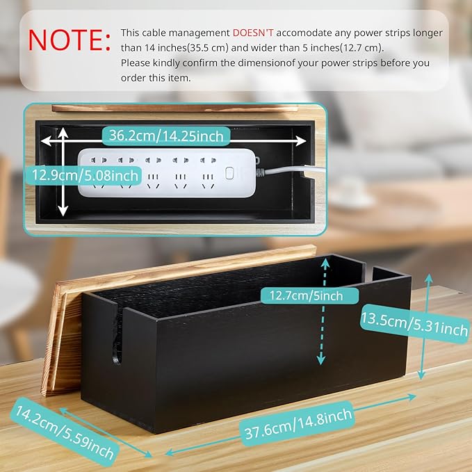 Large Cable Management Box, Wooden Cord Organizer Box for Desk, Floor, Black