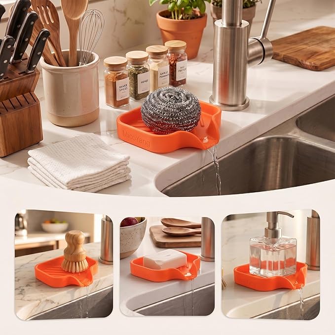 MicoYang Silicone Soap Dish with Drain Spout — Self-Draining Sink Organizer Tray for Bathroom & Kitchen, Holds Bar Soap, Sponges & Dispensers, Non-Slip & Dishwasher Safe, Orange (Small, 4.9"×3.2")