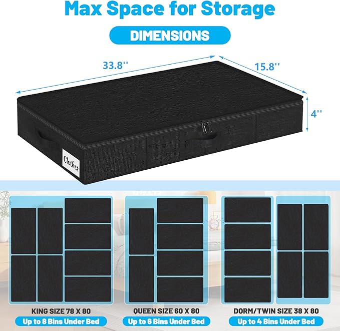 Under Bed Storage Container Bins 2 Pack, 4 Inch Thin Low Profile Underbed Clothes Storage Organizer for Dorm & Home, Use for Blanket and Toy Storage Box W/ Sturdy Bottom/Sides, Foldable Thick Fabric