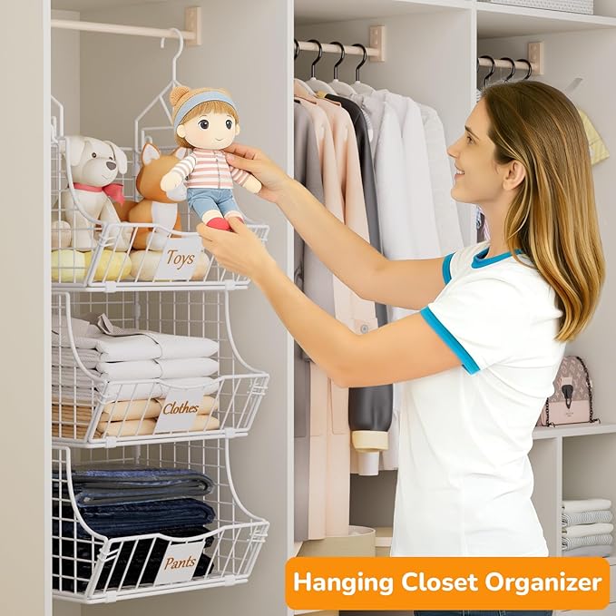 Hanging Closet Organizers and Storage, 6 Tier Closet Shelf Clothes Organizer with 2 S-Hooks, Multi-Functional Iron Wire Baskets, for Clothing, Sweaters, Handbags, Hat, Canned