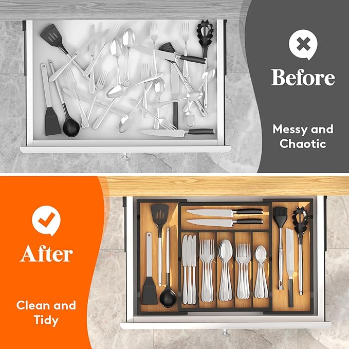 Silverware Drawer Organizer, Natural and Black