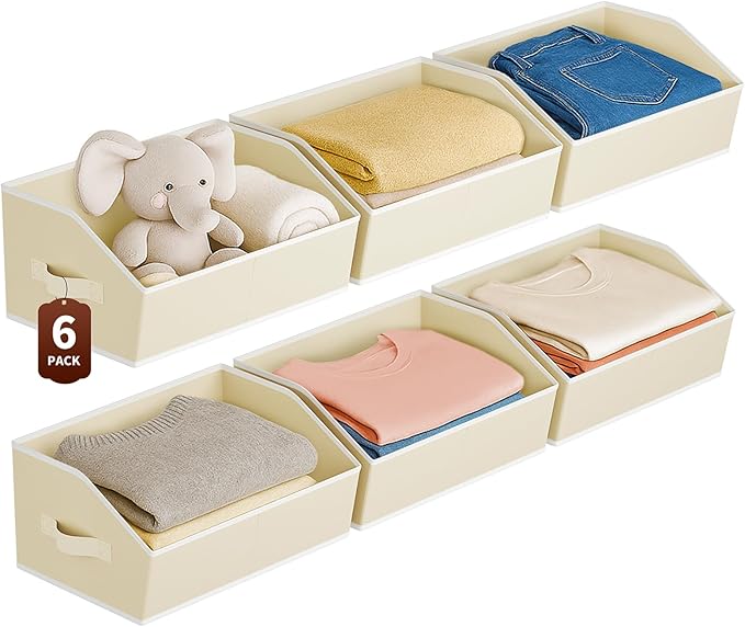 Homsorout Large Closet Organizers and Storage Bins - 6 Pack Trapezoid Storage Baskets for Shelves, Foldable Fabric Baskets with Handles Ideal for Closet, Basket, Wardrobe and Shelf Storage, Beige