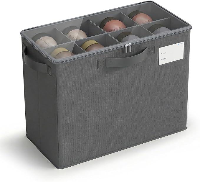 Varhomax Shoe Organizer Box for Closet, Small Fabric Shoe Storage Bin with Adjustable Dividers & Clear Cover, Saving Space Sneakers & Sandals Containers for Entryway, Cubby - Gray