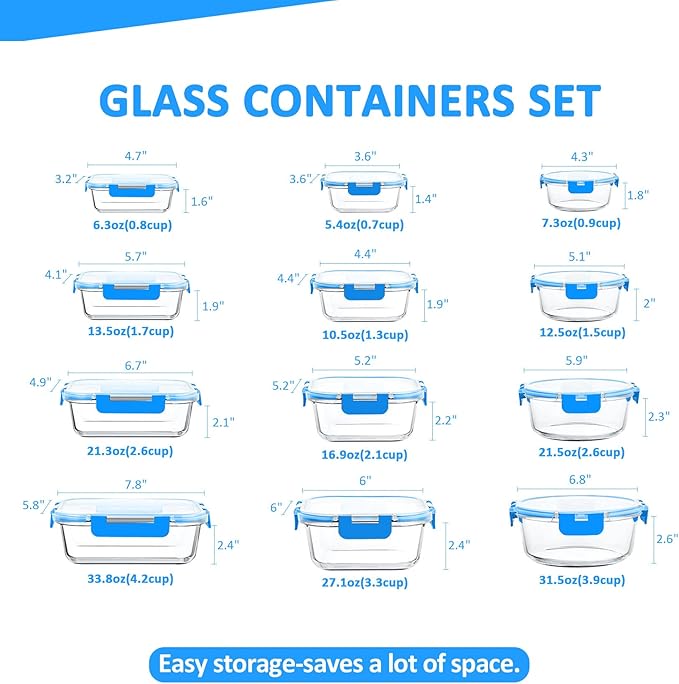 KOMUEE 24 Pieces Glass Food Storage Containers Set,Glass Meal Prep Containers, BPA-Free Airtight Glass Storage Containers with lids,Freezer, Microwave and Oven Safe,Blue