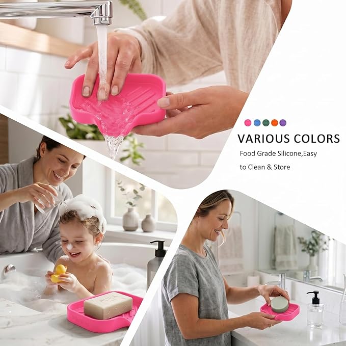 MicoYang Silicone Soap Dish with Drain Spout — Self-Draining Sink Organizer Tray for Bathroom & Kitchen, Holds Bar Soap, Sponges & Dispensers, Non-Slip & Dishwasher Safe, Rose Red (Small, 4.9"×3.2")