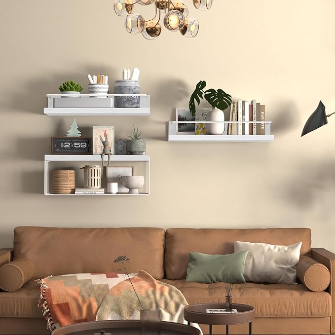 PopiShelves Bathroom Shelves Over Toilet for Wall, Floating Shelves with Storage Basket Paper Holer for Kitchen Living Room, Bedroom & Classroom, Set of 3 (White)