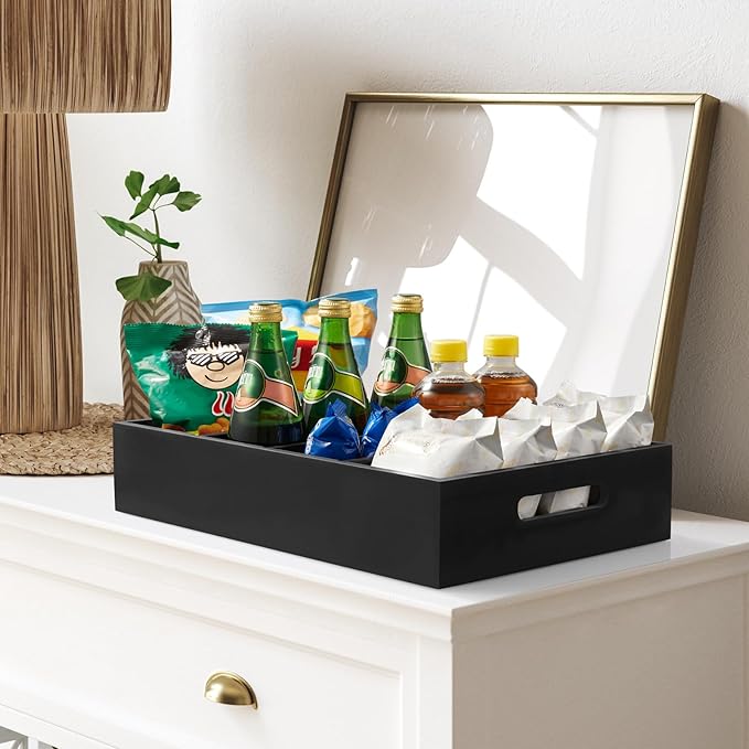 DRASTAR Pantry Organization and Storage Bins, Large Snack Organizer with Removable Dividers, Wooden Storage Caddy for Kitchen, Pantry, Cabinet, Countertop, Black