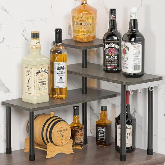 ZHWS Kitchen Countertop Organizer, Bathroom Counter Organizer, Adjustable 3 Tier Corner Shelf with 4 Metal Hooks for Counter Organize, Spice Rack, Makeups, Coffee Station Bookshelf (Rustic Grey)