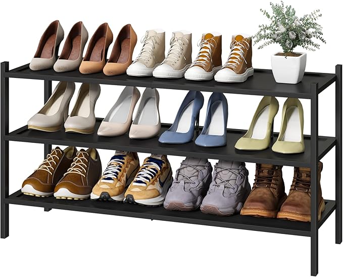 kiplant Black Long Shoe Rack, 3-Tier Bamboo Wood Shoe Rack for Entryway, Stackable | Foldable | Natural, Shoe Organizer for Hallway Closet, Free Standing Shoe Racks for Indoor Outdoor