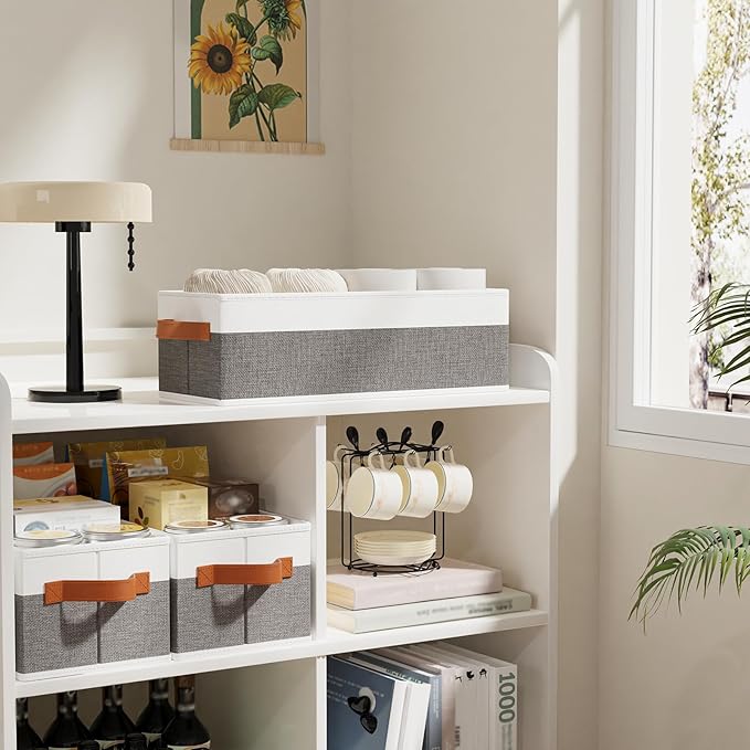 3 Pack Storage Bins, Foldable Baskets for Shelves Organizing, Fabric Storage Boxes with Handles, White and Gray, 15 x 6 x 5 Inch