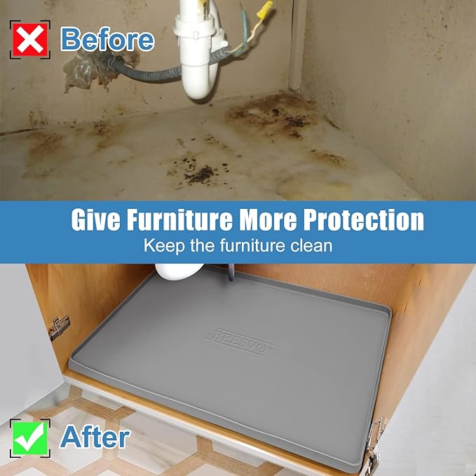 Under Sink Mat for Kitchen Waterproof, 19" x 19" Silicone Under Sink Liner Kitchen & Bathroom Cabinet Protector Mats, Heavy Duty Flexible Under Sink Drip Tray with Lip, Cool Grey