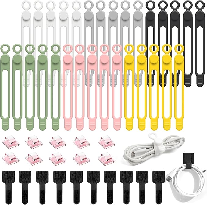 50Pcs Cord Organizer Kit, Reusable Silicone Cable Ties, Strong Adhesive Cable Clips for Cable Management, Multipurpose Wire Management for Bundling and Fastening Various Wires (6 Colors)
