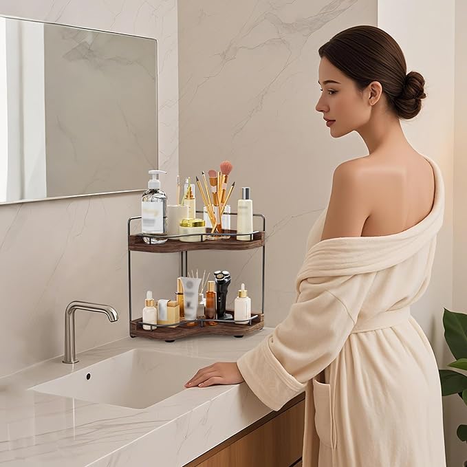 2-Tier Corner Bathroom Counter Organizers, Stable Wood Vanity Shelf for Perfume, Skincare & Makeup, Larger Size Countertop Organizer and Storage for Bathroom, Kitchen and Dresser(Dark Brown)