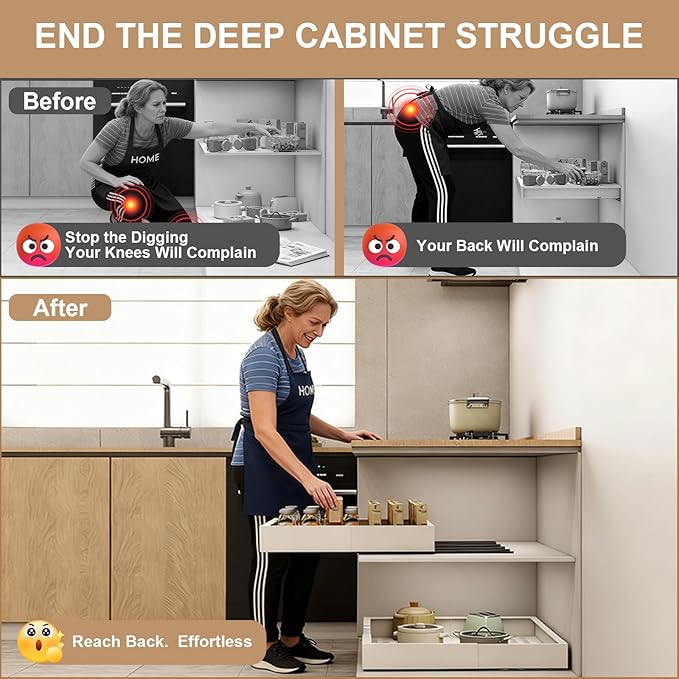 Fokyfok Pull-Out Cabinet Organizer, Expandable Width（11"–17"） and Depth (25"-32"),Adhesive No-Drill or Drill Mount Slide Out Drawer for Kitchen, Pantry, Roll out Shelves for Frameless Cabinets, White